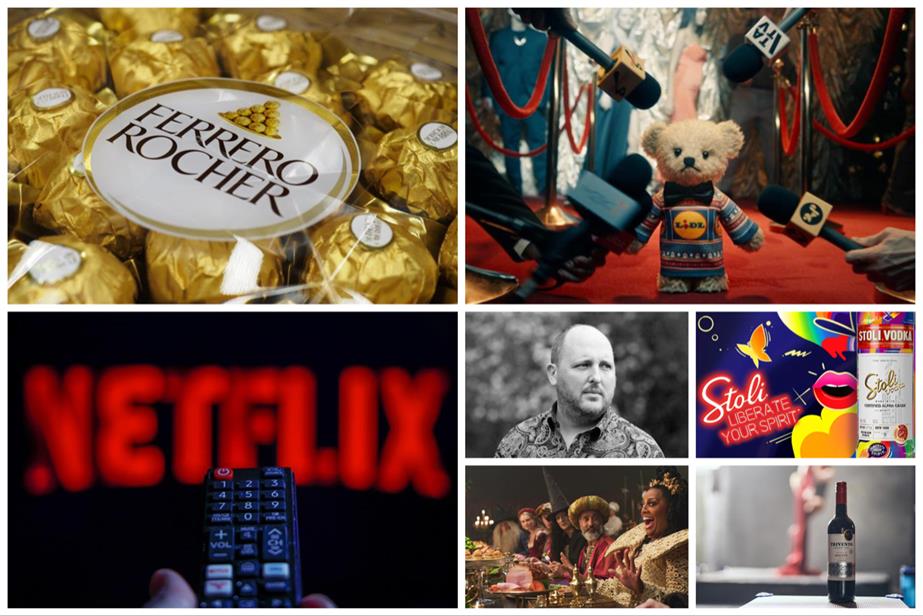 A collage of brands and their ads: Ferrero Rocher (Getty Images), Lidl, Stoli, Trivento, Sainsbury's, Netflix (Getty Images) and Gav Thompson