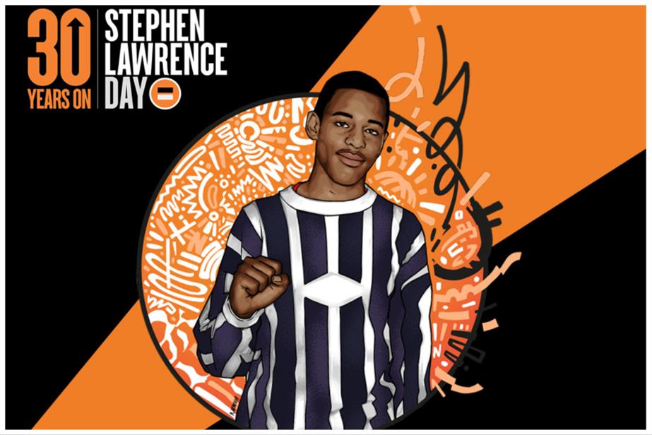 Illustration of Stephen Lawrence in a striped top and with a closed fist by Kingsley Nebechi