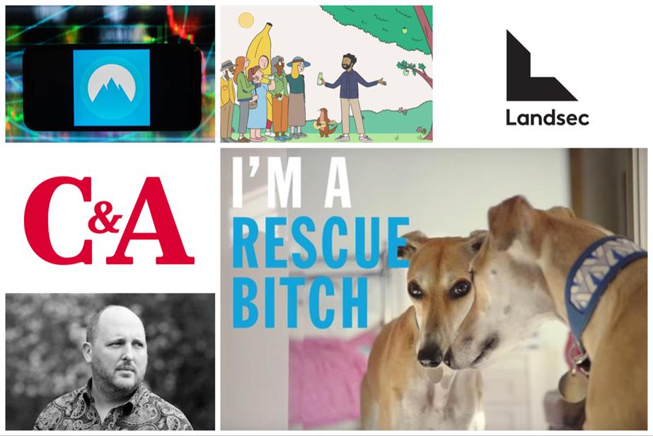 The logos of NordVPN, Landsec and C&A; ad stils from Innocent, Battersea Dogs; and a photo of Gav Thompson