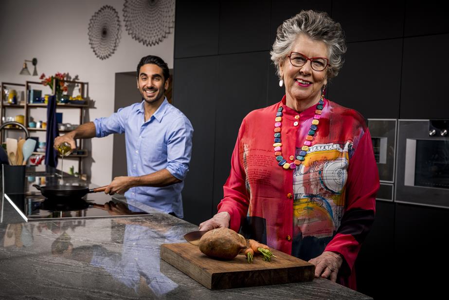 Prue Leith and Dr Rupy Aujla cooking in a kitchen