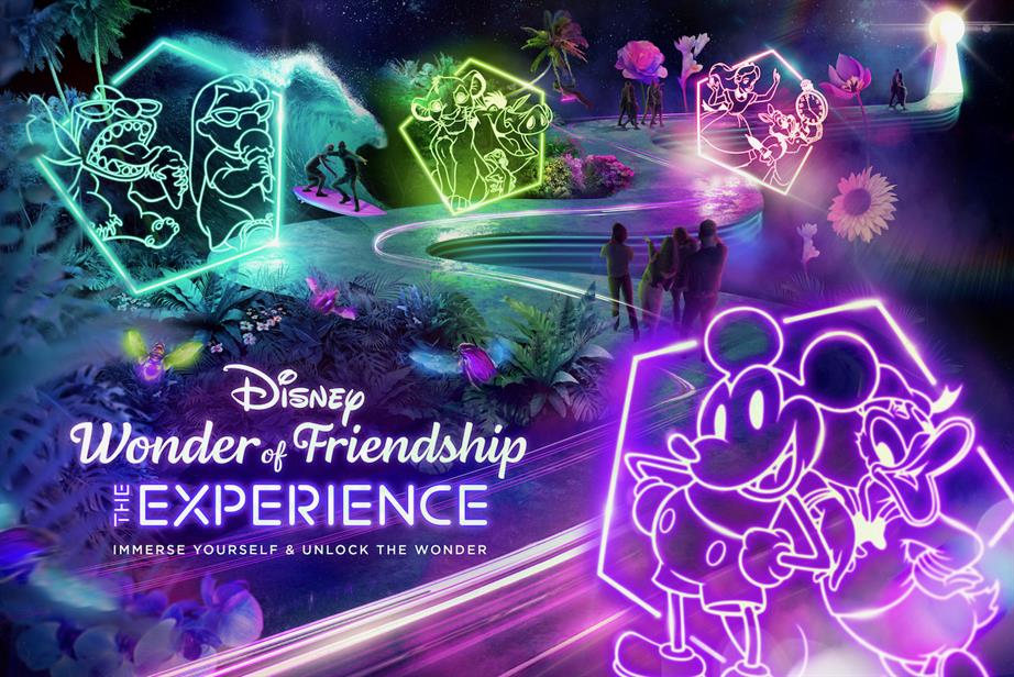 A neon lit scene from Disney's Wonder of Friendship – The Experience