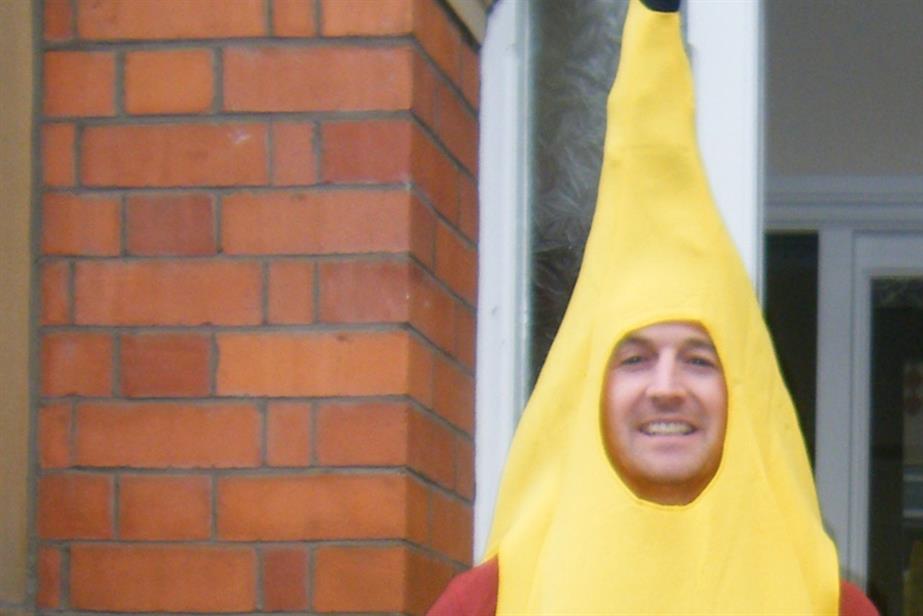 Charity appeal: Giles Dempsey slips on his banana skin for Red Nose Day