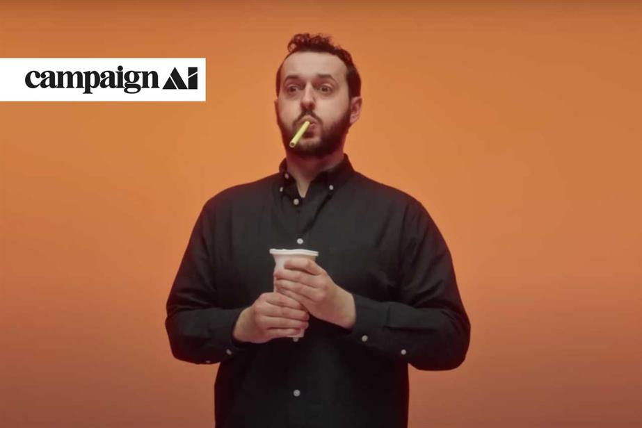 Cityfibre ad: man with a straw in his mouth in front of an orange screen