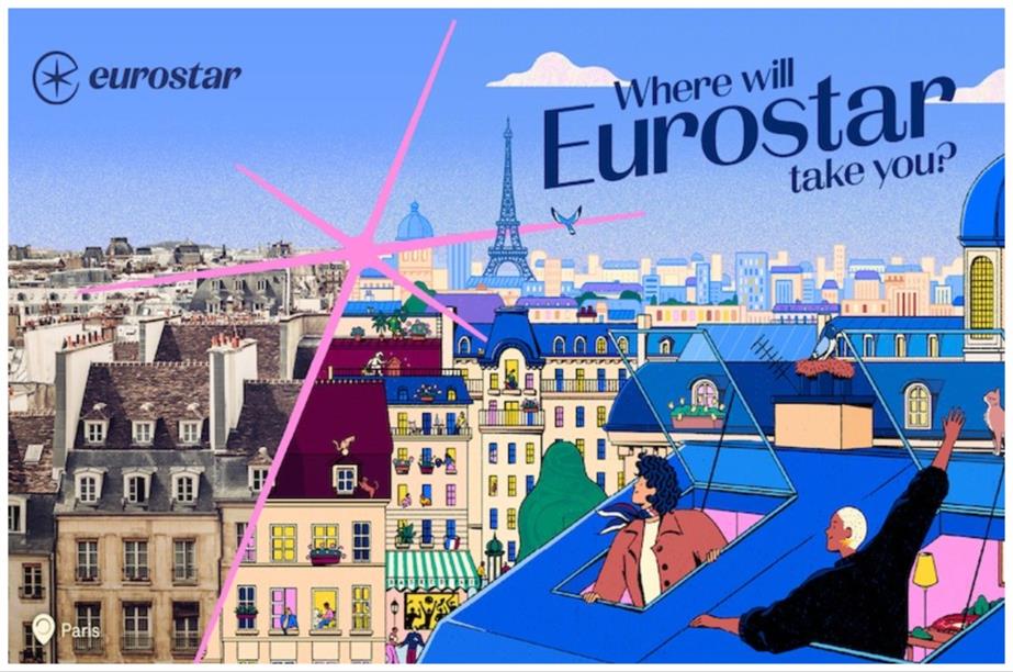 Mixed photo and illustrated image of the rooftops of Paris including Eurostar branding and the line 'Where will Eurostar take you?'