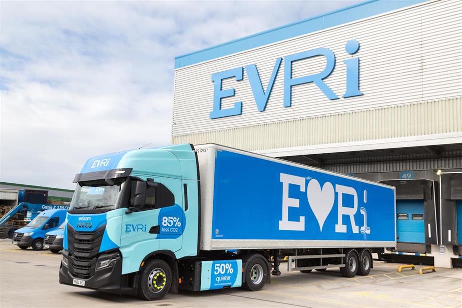 Evri delivery depot with branded lorry in front