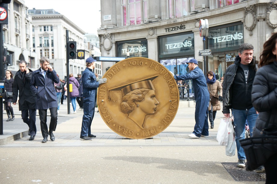 The giant coin made its way around London yesterday (16 March)