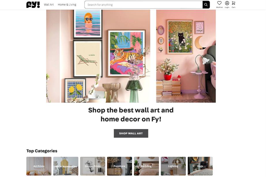 The homepage for homewares marketplace Fy