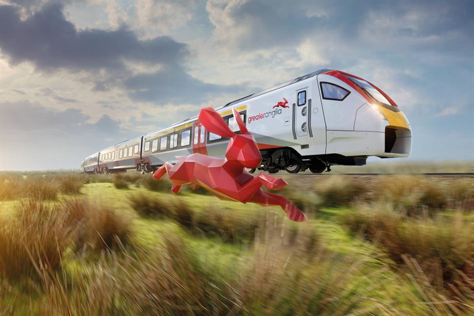 Greater Anglia's hare brand mascot and a train