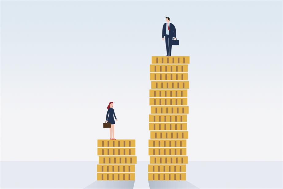 A woman and a man stand on a pile of coins. The man's pile is taller.