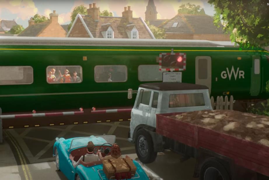 A still from a Great Western Railway animated ad – a sports car waits at a level crossing as a GWR train passes with the Famous Five aboard