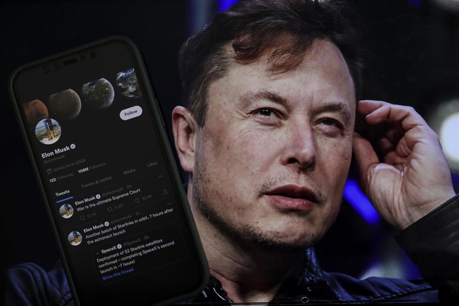 Elon Musk's face beside a smartphone bearing his Twitter account