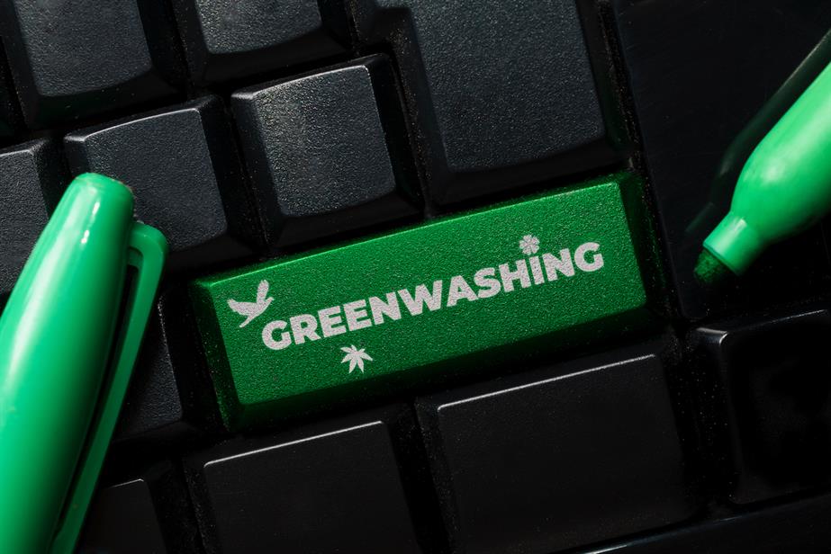 A computer keyboard with the shift key coloured green by a Sharpie pen, and the word greenwashing printed in white lettering