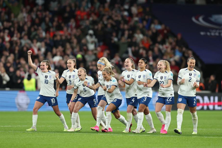 The Lionesses react during the penalty shoot out in the Women's Finalissima between England and Brazil at Wembley Stadium in April 