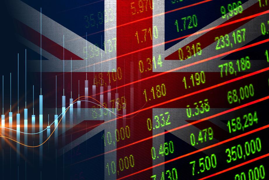 a graphic of a union flag background overlayed with charts and figures suggesting an economy in flux