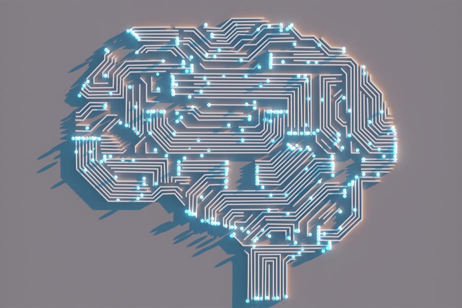 An illustration of a human brain that uses circuitry rather than organic pathways, to represent AI