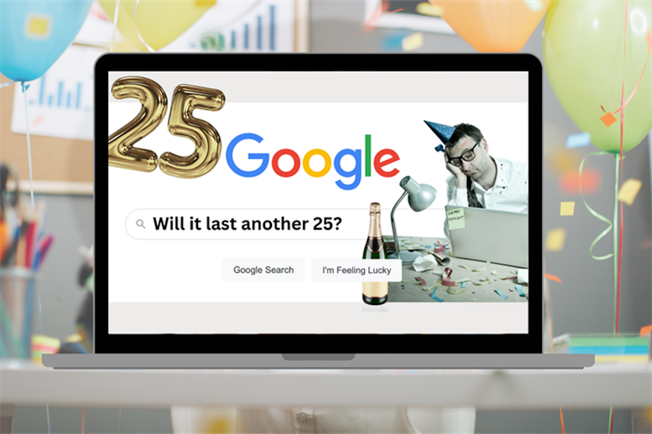 Screen with 'Google: will it last another 25' in a search bar, plus a '25' gold, birthday-style balloon above
