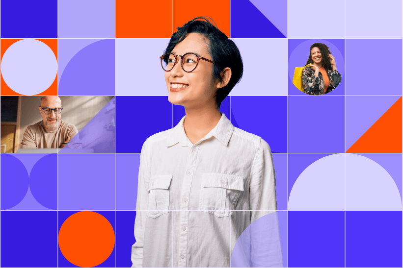 Person in front of colourful graphic background