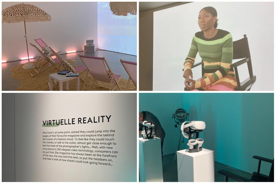 Clockwise from top left: an indoor beach to display Cosmopolitan’s Roblox experience, Elle UK editor Kenya Hunt, a VR headset taking users behind-the-scenes of an Elle UK photoshoot, and a paragraph explaining 'Virtuelle Reality'.