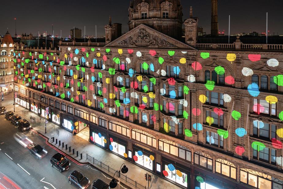 Colourful polka dots projected onto Harrods
