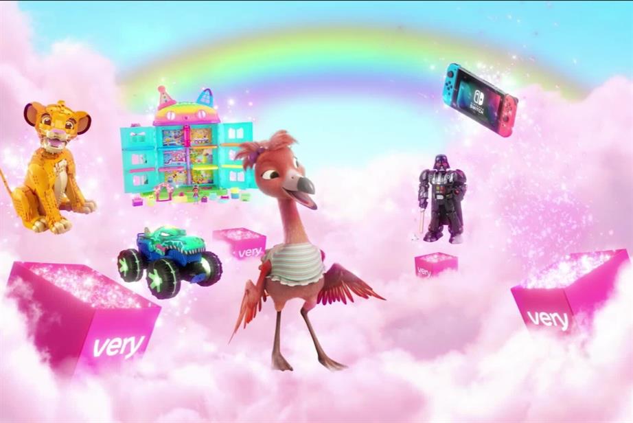 a baby flamingo is in a dream world, surrounded by a rainbow, pink clouds and toys