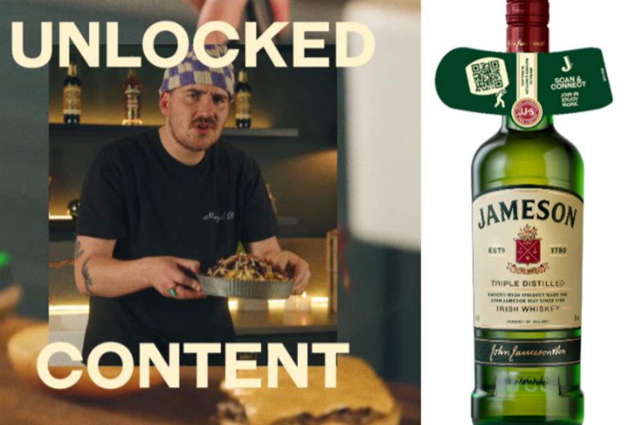 Collage of man cooking with copy saying unlocked content and a jameson bottle with the QR code
