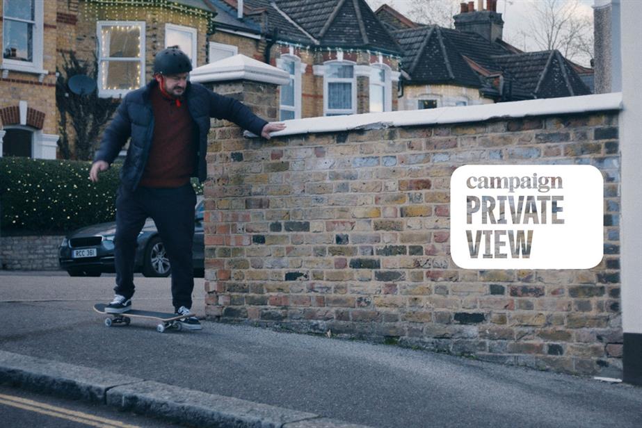 Still from John Lewis ad of a man skateboarding down a pavement with Private View logo