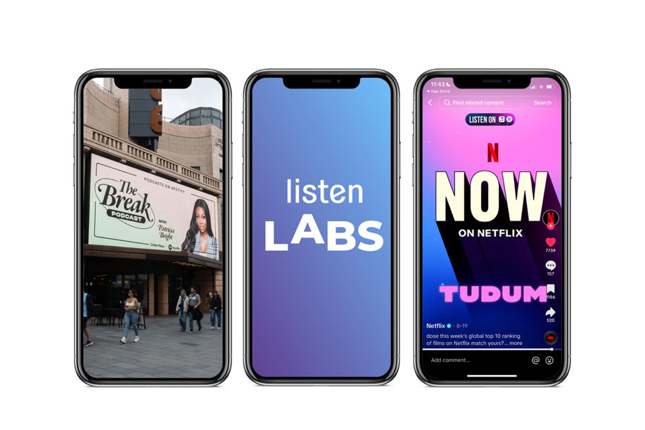 Three smartphone screens, one carrying branding for The Break Podcast, another the Listen Labs logo and the third Now on Netflix