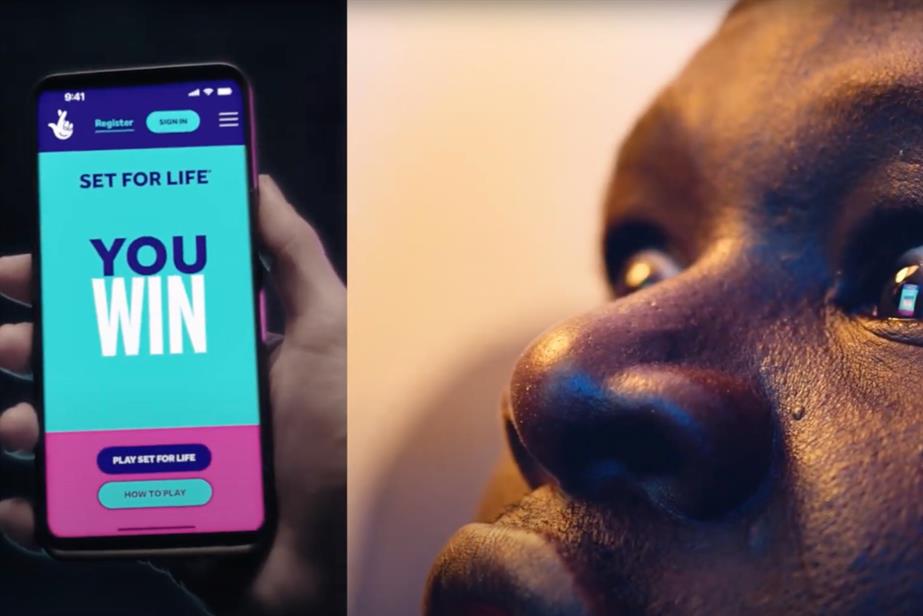 On the left, a man staring intently, on the right a smartphone displaying the Set For Life app