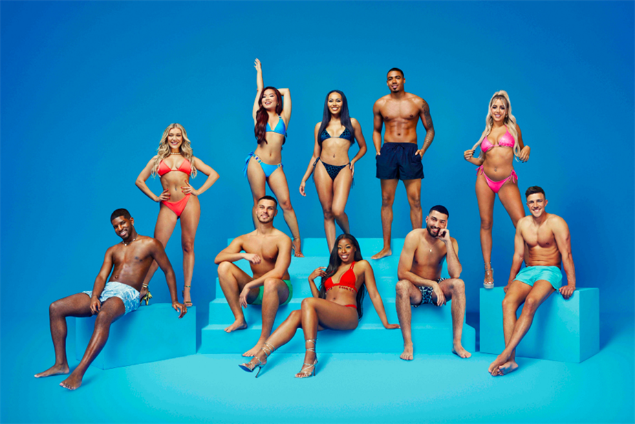 Love Island 's contestants posing against a blue background