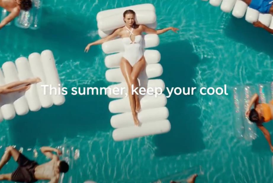 M&S's summer campaign: 'This summer, keep your cool' reads copy superimposed on an overhead shot of models floating on inflatables in a pool