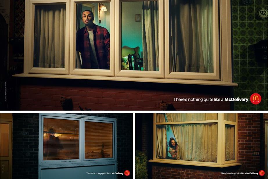 Three shots from the campaign showing people looking out of their windows expectantly