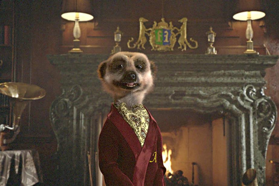 Comparethemarket's meerkat, Aleksandr Orlov, standing in front of an ornate fireplace and sporting a maroon smoking jacket with the initial 'A' embroidered in an extravagant serif font
