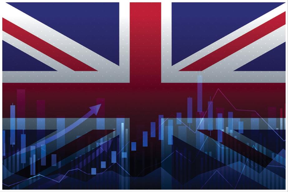 Graphic of UK flag with graphs and arrows