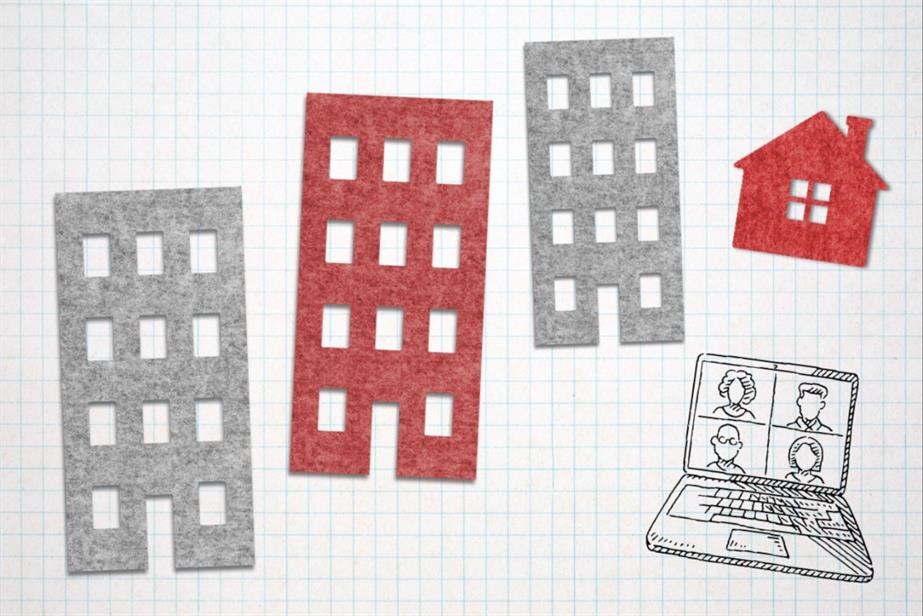 Graphic showing office buildings, a house and a laptop