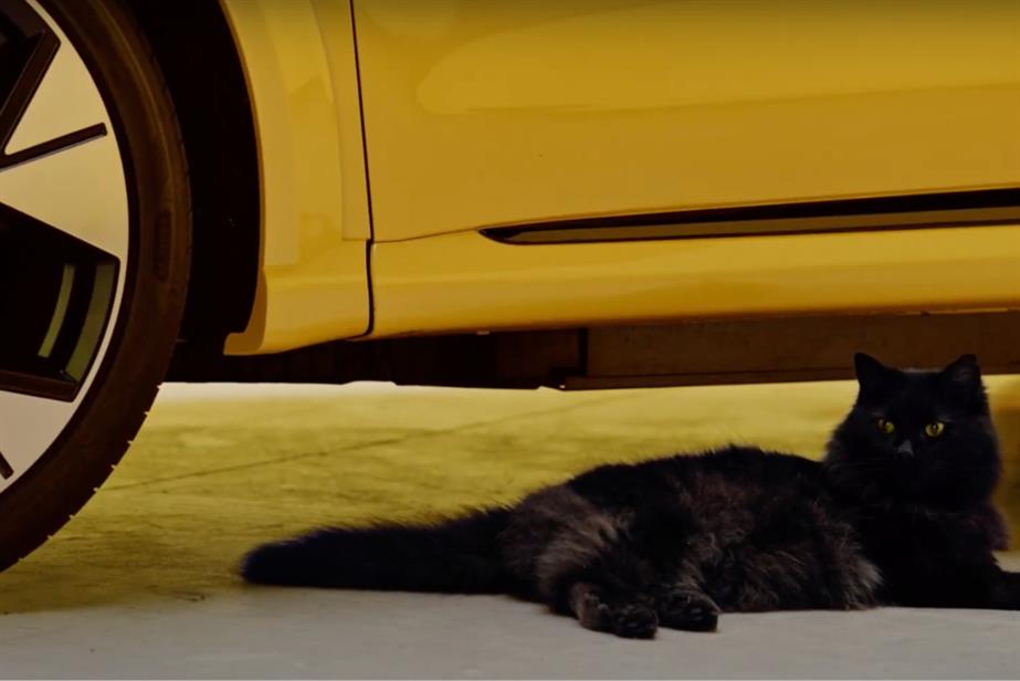 Black cat sat next to yellow Ford car wheel