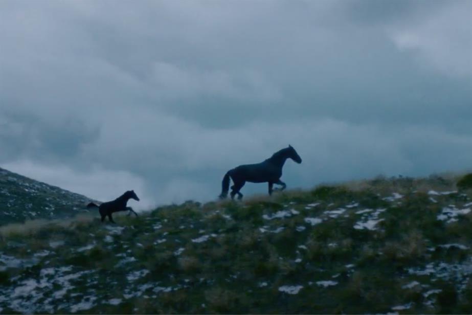 Lloyds ad by Adam & Eve with two horses on mountain
