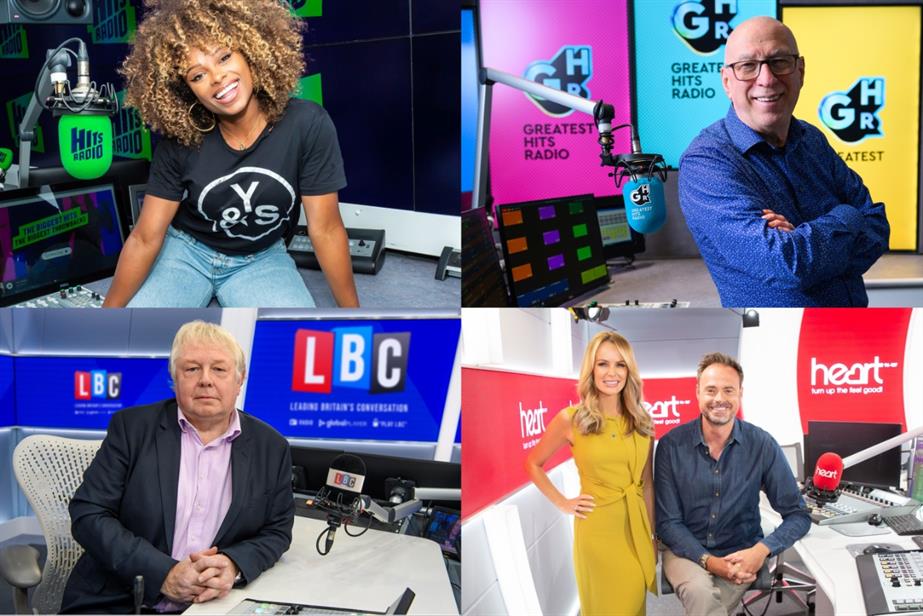 Clockwise from left: Fleur East, Hits Radio; Ken Bruce, Greatest Hits Radio; Nick Ferrari, LBC; Jamie Theakston and Amanda Holden, Heart Breakfast