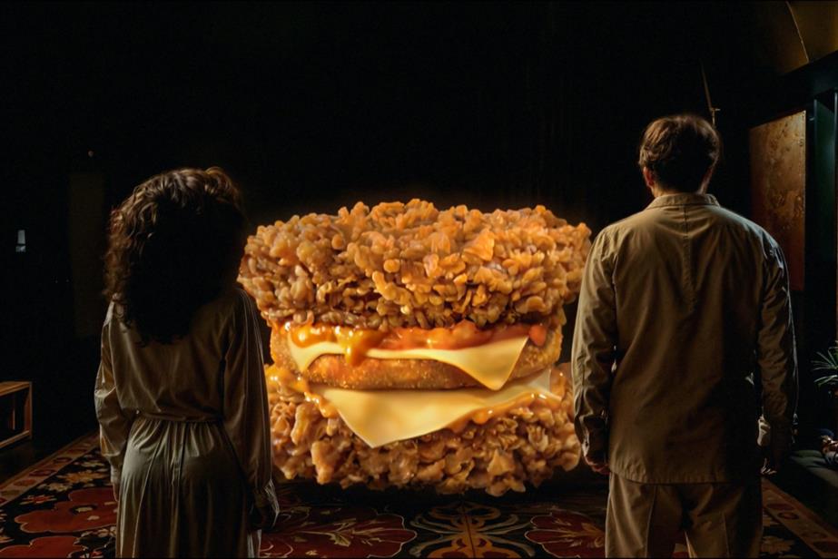 Two people from the back looking at a giant KFC chicken burger without a bun
