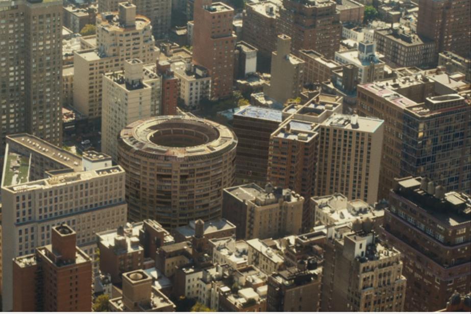 Overhead shot of buildings shaped like PlayStation controls
