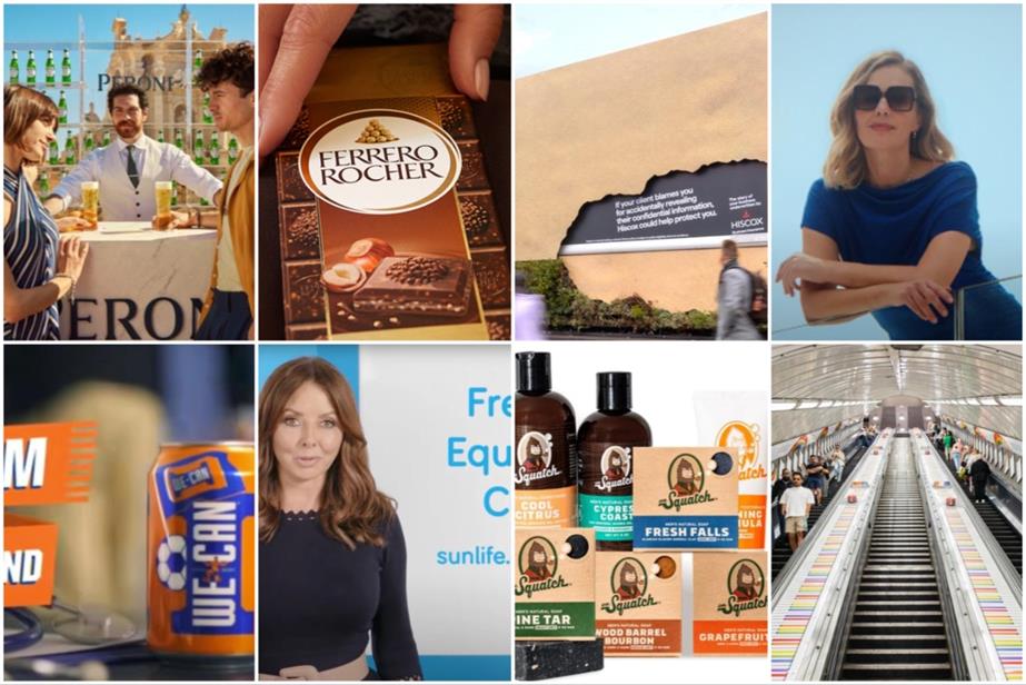 Clockwise from top left: Peroni, Ferrero, Hiscox, N Brown, TfL, Dr Squatch, SunLife and Irn Bru