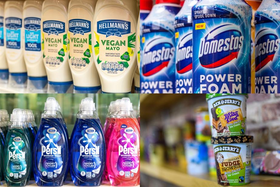 From left and clockwise: Hellmann's mayonnaise bottles, Domestos bleach, Ben & Jerry's ice cream and Persil laundry detergent  