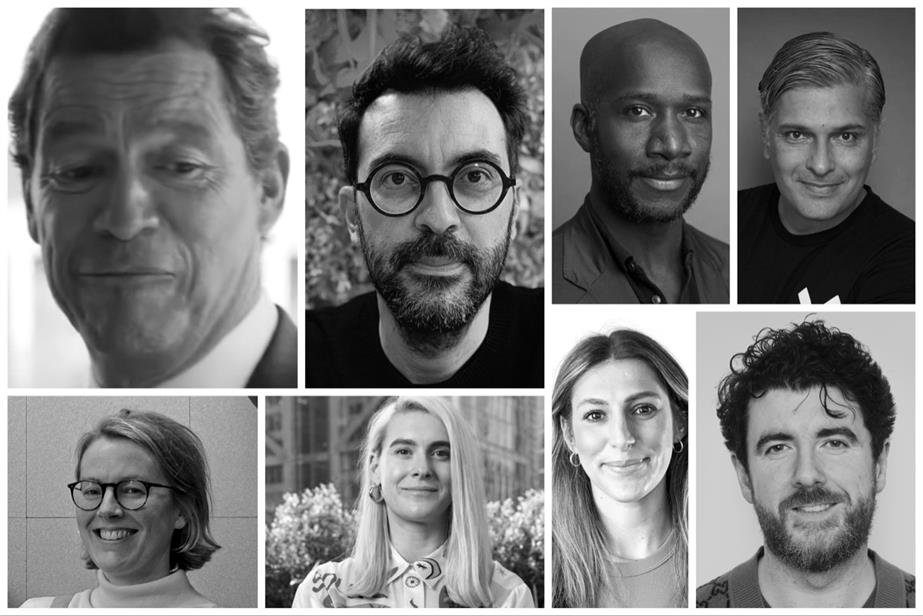Clockwise from top left: Dominic West as banker, Dede Laurentino, Dino Myers-Lamptey,  Fernando Machado, Chris Gallery, Olivia Blairman, Mel Arrow and Flora Joll