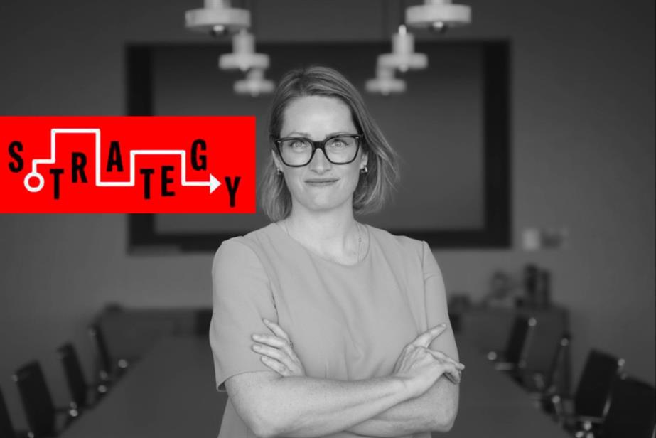 A black and white headshot of AMV's Jo Arden with the word 'strategy' in a red rectangle
