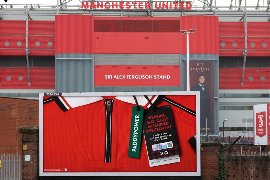 Paddy Power outdoor ad of Manchester United shirt with copy saying wearing may cause misguided entitlement