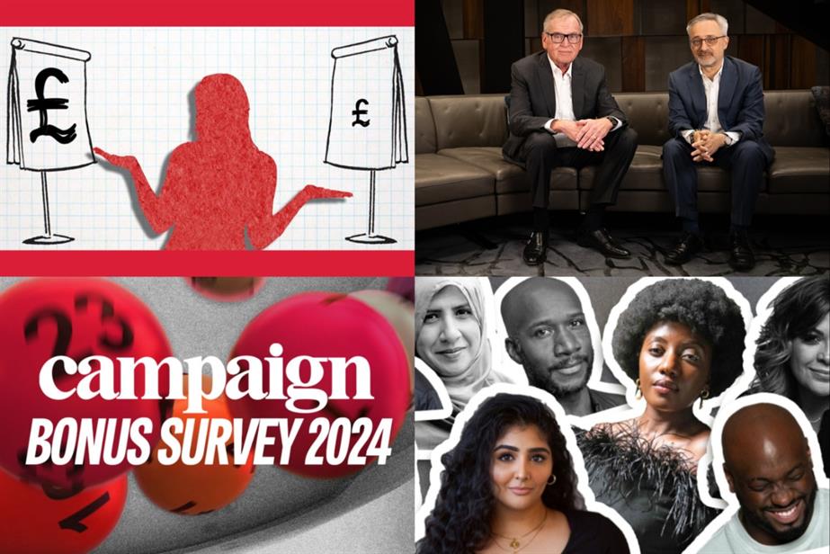 Collage of pitching costs feature, John Wren and Philippe Krakowsky interview, DE&I feature and agency bonuses feature
