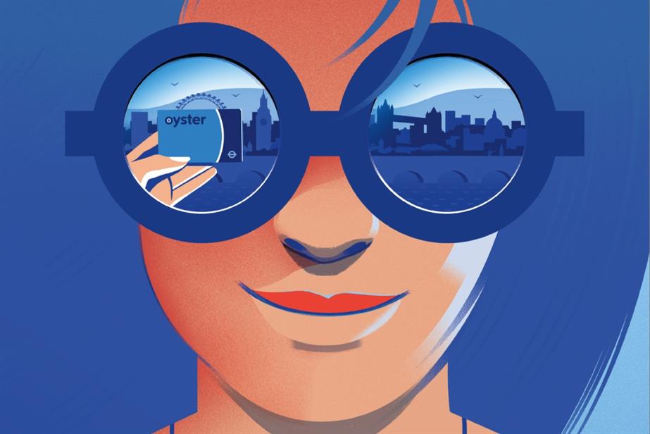 Person wearing sunglasses with Oyster card in their reflection