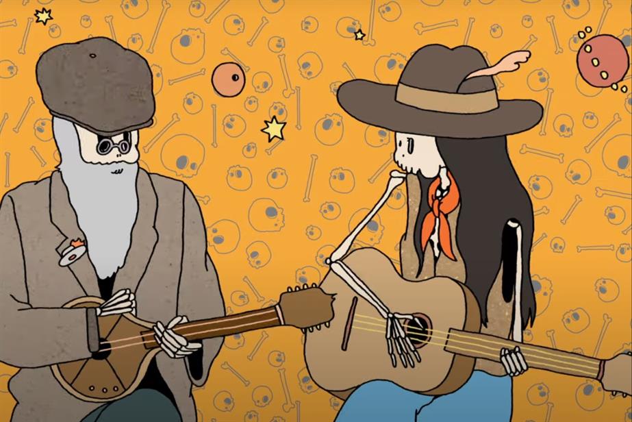 Two cartoon characters playing guitars