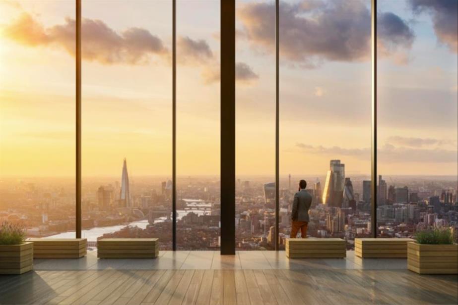 A digitally-produced image of a man looking out of a skyscraper