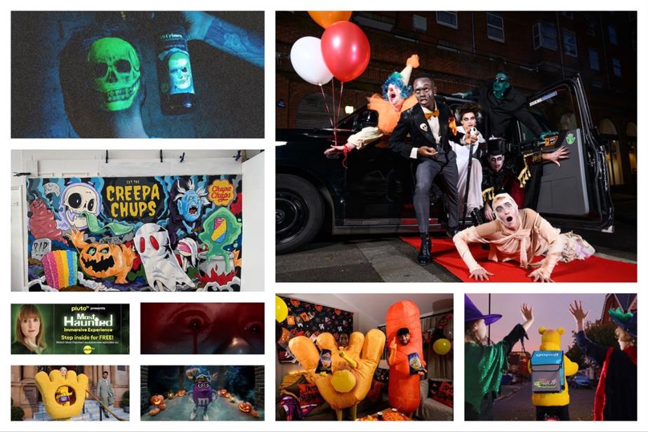 A collage of brand campaigns for Halloween, including a skull shaved into someone's hair, people in scary costumes on the red carpet outside a cinema and people dressed as giant crisps
