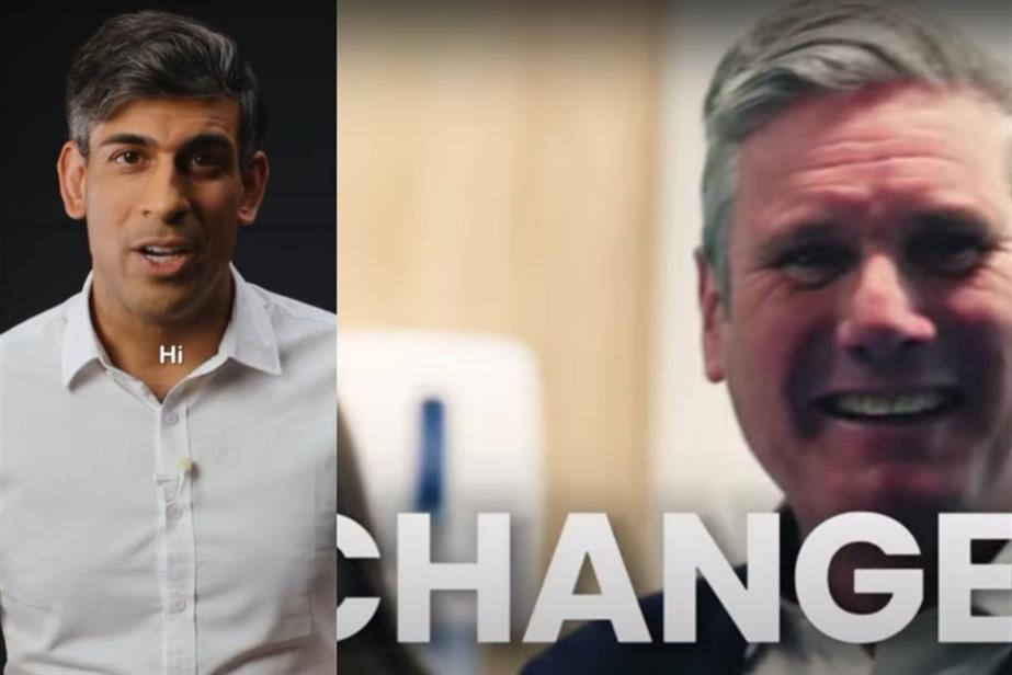 A collage of political ads featuing Rishi Sunak and Kier Starmer